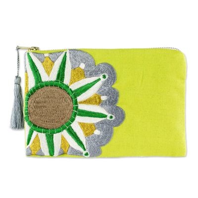 Sun Motif Embroidered Chartreuse Cotton Cosmetic Bag