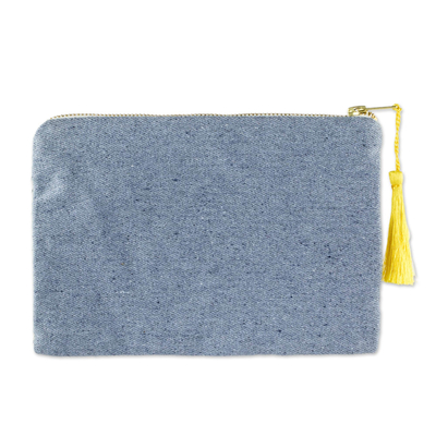 Cotton cosmetic bag, 'Sky Blue Sunshine' - Sun Motif Embroidered Cotton Denim Cosmetic Bag