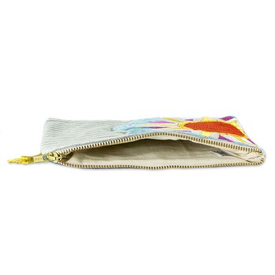 Cotton cosmetic bag, 'Sky Blue Sunshine' - Sun Motif Embroidered Cotton Denim Cosmetic Bag