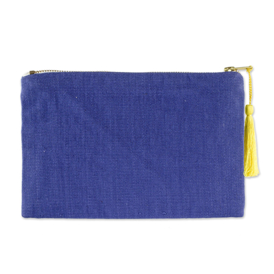 Cotton cosmetic bag, 'Blue Sunbeams' - Sun Motif Embroidered Blue Cotton Cosmetic Bag