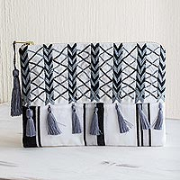 Cotton cosmetic bag, 'Monochrome Zigzags' - Black & Grey Embroidered White Cotton Cosmetic Bag