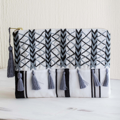 Cotton cosmetic bag, 'Monochrome Zigzags' - Black & Grey Embroidered White Cotton Cosmetic Bag
