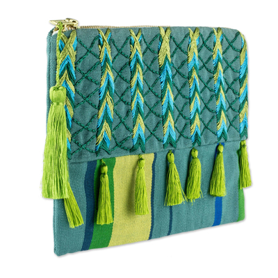 Cotton cosmetic bag, 'Turquoise Zigzags' - Green & Blue Embroidered Turquoise Cotton Cosmetic Bag