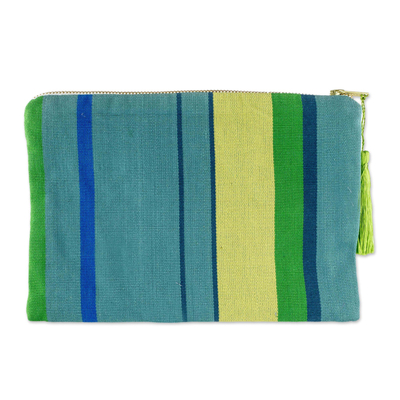 Cotton cosmetic bag, 'Turquoise Zigzags' - Green & Blue Embroidered Turquoise Cotton Cosmetic Bag