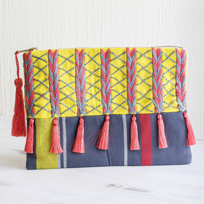 Cotton cosmetic bag, 'Pink Zigzags' - Pink and Yellow Embroidered Grey Cotton Cosmetic Bag