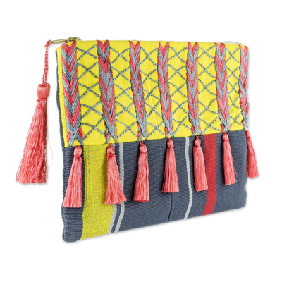 Cotton cosmetic bag, 'Pink Zigzags' - Pink and Yellow Embroidered Grey Cotton Cosmetic Bag