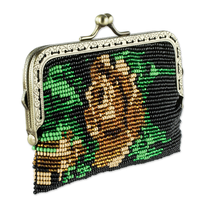 Beaded clasp coin purse, 'A Golden Rose' - Beaded Black Clasp Coin Purse with Golden Rose Motif