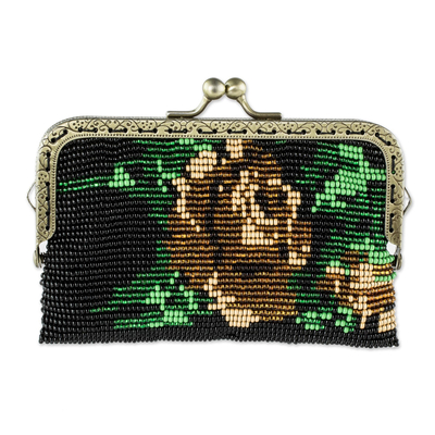 Beaded clutch handbag, 'A Golden Rose' - Beaded Black Clutch Handbag with Golden Rose Motif