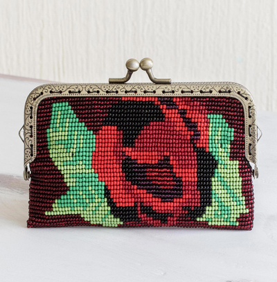 Beaded clutch handbag, A Crimson Rose