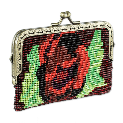 Beaded clutch handbag, 'A Crimson Rose' - Beaded Black Clutch Handbag with Crimson Rose Motif