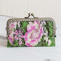 Beaded clutch handbag, 'A Pink Rose'