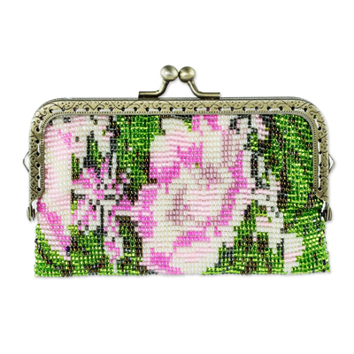 Beaded clutch handbag, 'A Pink Rose' - Beaded Clutch Purse with Pink Rose Motif