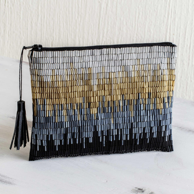 Beaded clutch handbag, 'Glittering Luxe' - Petite Gold and Silver Hand Beaded Clutch Evening Bag