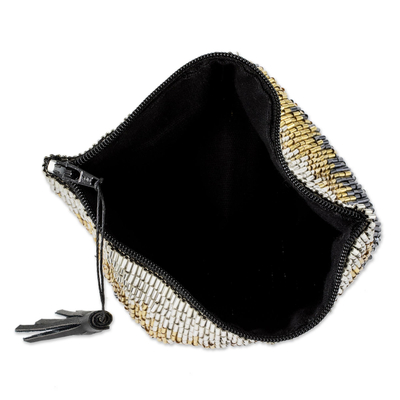 Perlenbesetzte Clutch-Handtasche - Petite Clutch-Abendtasche aus Gold und Silber mit handbesetzten Perlen