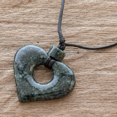 Jade pendant necklace, 'Amor' - Guatemalan Natural Dark Green Jade Heart Pendant Necklace