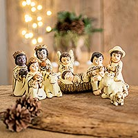Ceramic nativity scene, 'Bethlehem in El Salvador' (9 pieces) - Pale Yellow Ceramic Christmas Nativity Scene (9 Pieces)