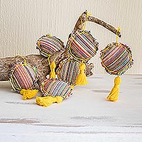 Cotton ornaments, 'Festividad in Yellow' (set of 6)