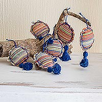 Cotton ornaments, 'Festividad in Blue' (set of 6)
