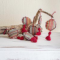 Cotton ornaments, 'Festividad in Red' (set of 6)