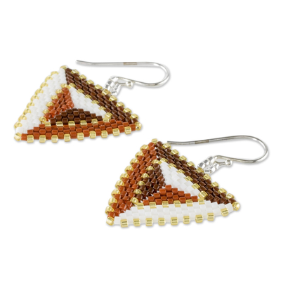 Beaded dangle earrings, 'Triangulation in Spice' - Beaded Triangular Dangle Earrings