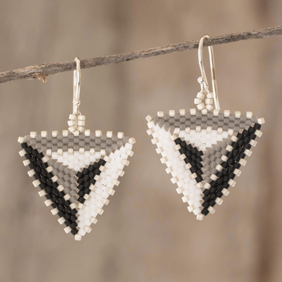Beaded dangle earrings, 'Triangulation in Black' - Monochrome Beaded Dangle Earrings