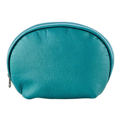 Genuine Teal Leather Cosmetics Case