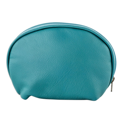 Leather cosmetics case, 'Luxe Life in Teal' - Genuine Teal Leather Cosmetics Case