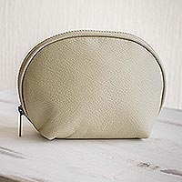 Leather cosmetics case, 'Luxe Life in Pale Beige' - Pale Beige Silk Lined Cosmetics Case