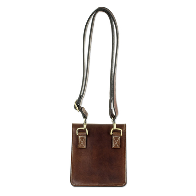 Unisex leather shoulder bag, 'Quest' - Unisex Small Brown Leather Shoulder Bag