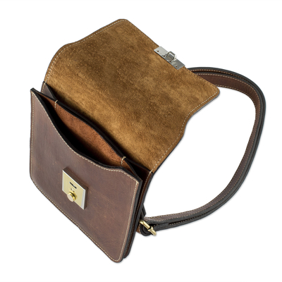Unisex leather shoulder bag, 'Quest' - Unisex Small Brown Leather Shoulder Bag