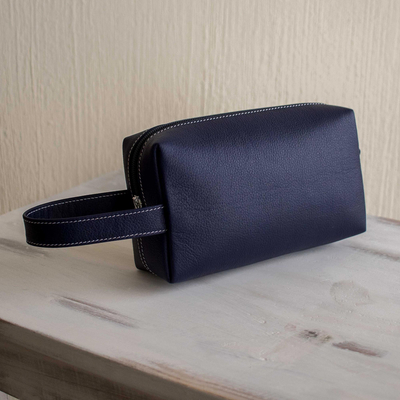 Leather toiletry case, 'Man of the World in Navy' - Men's Elegant Blue Leather Toiletry Case
