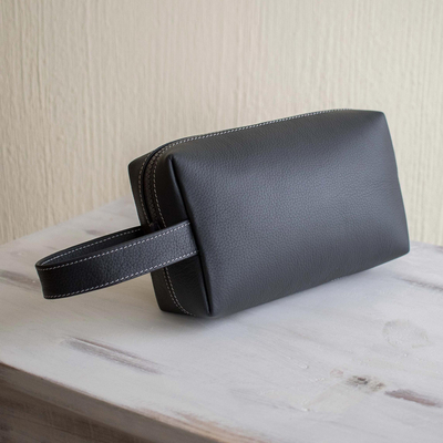 Leather toiletry case, 'Man of the World in Flint' - Hand Crafted Grey Leather Men's Toiletry Case