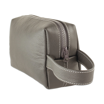 Leather toiletry case, 'Man of the World in Flint' - Hand Crafted Grey Leather Men's Toiletry Case