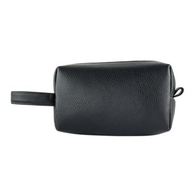 Leather toiletry case, 'Man of the World in Black' - Handmade Black Leather Toiletry Case for Men