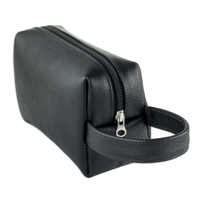 Leather toiletry case, 'Man of the World in Black' - Handmade Black Leather Toiletry Case for Men