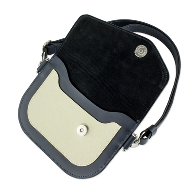 Leather shoulder bag, 'Practical Beauty' - Compact Navy and Ivory Leather Shoulder Bag