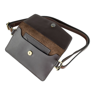 Leather shoulder bag, 'Practical Chic' - Hand Crafted Brown Leather Bag from El Salvador