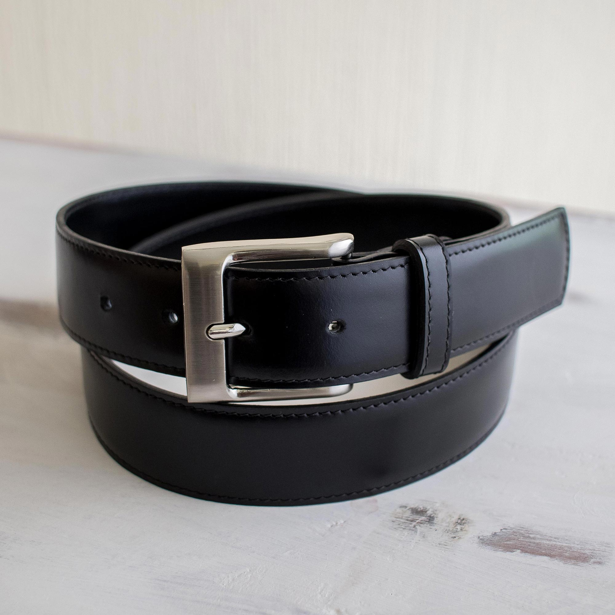 Mens Black Leather Belt With Silver Buckle