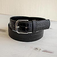Men's leather belt, 'Textured Elegance' - Elegant Croc Embossed Black Men's Belt