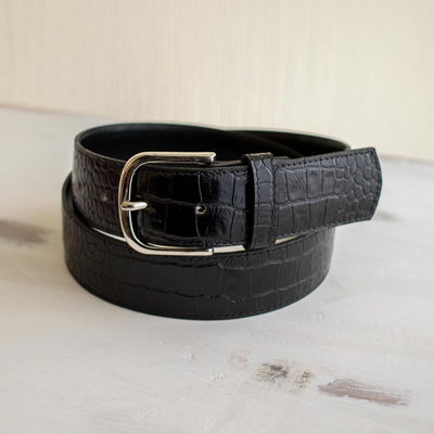 cinturón de cuero de los hombres - Cinturón de hombre negro con relieve de cocodrilo elegante