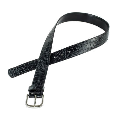 Men's leather belt, 'Textured Elegance' - Elegant Croc Embossed Black Men's Belt