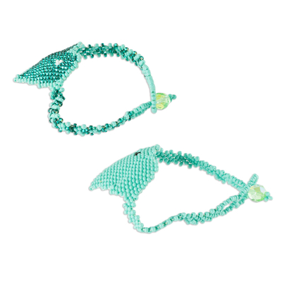 Beaded friendship bracelets, 'Two Hearts in Green' (pair) - Artisan Crafted Beaded Heart Friendship Bracelets, (Pair)