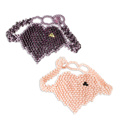 Purple and Peach Beaded Heart Friendship Bracelets (Pair)