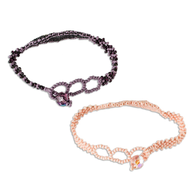 Freundschaftsarmbänder mit Perlen, (Paar) - Lila und pfirsichfarbene Perlen-Herz-Freundschaftsarmbänder (Paar)
