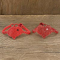 Beaded wristband friendship bracelets, 'Hearts in Strawberry' (pair)