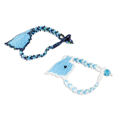 Beaded pendant friendship bracelets, 'Two Hearts in Sky' (pair) - Sky Blue Beaded Pendant Friendship Bracelets (Pair)