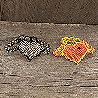 Beaded pendant friendship bracelets, 'Two Hearts in Gold and Flame' (pair)