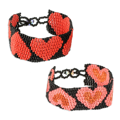 Pink and Red Heart Motif Beaded Friendship Bracelets (Pair