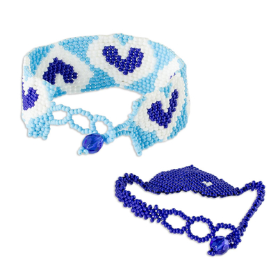 Perlenarmband-Freundschaftsarmbänder, (Paar) - Blaue Freundschaftsarmbänder mit Herzmotiv und Perlen (Paar)