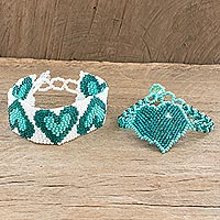 Beaded wristband friendship bracelets, 'Hearts in Green' (pair) - Green Heart Friendship Bracelets from Guatemala (Pair)